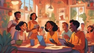 image of smiling people in a cafe smiling at a computer to illustrate KPIs