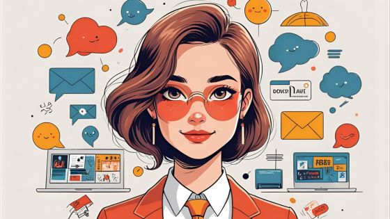 a feminine person with a variety of social media and email icons surrounding their head.