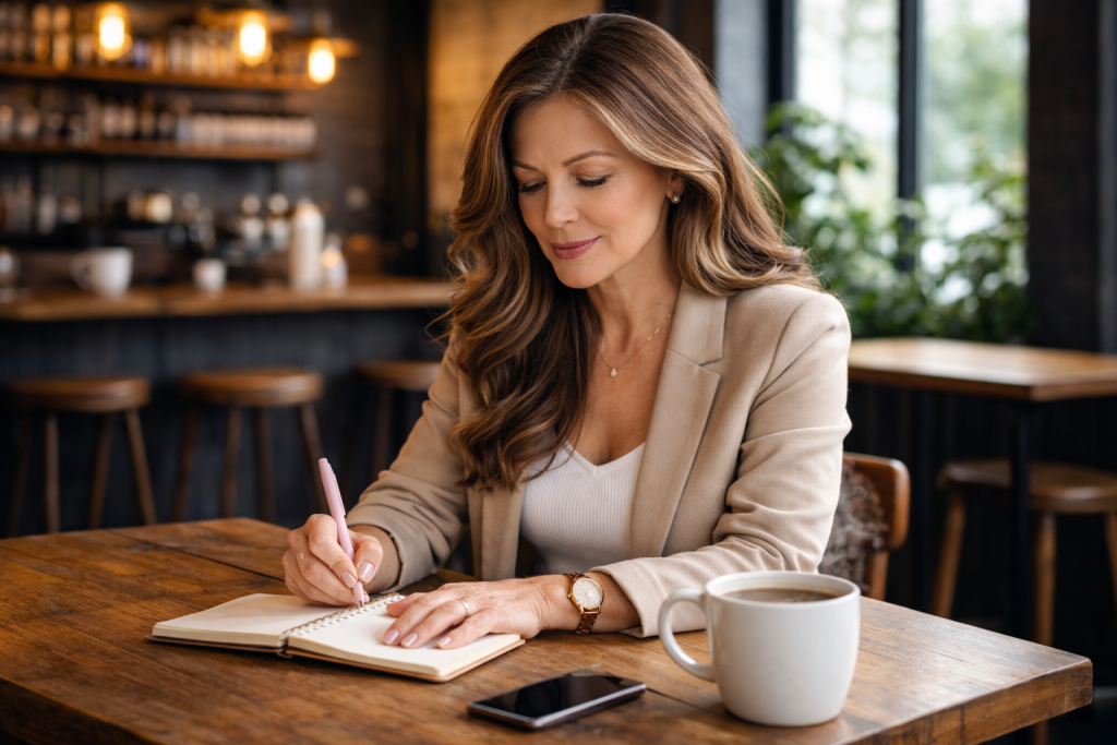a mature woman writing in her notebook in a cozy cafe illustrating how she will write product listings.