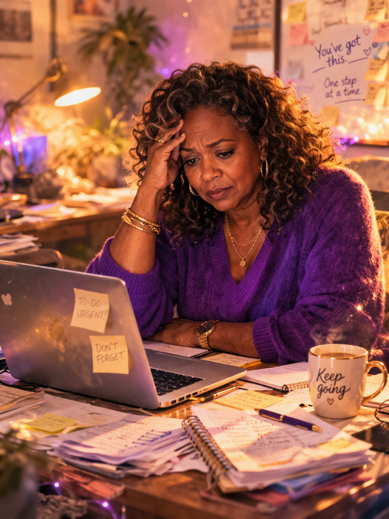 a woman sits at a laptop looking overwhelmed to illustrate the blog seo guide pain point